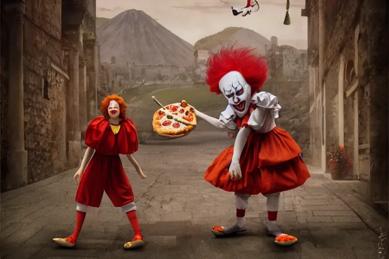 Image similar to pennywise as pulcinella! with a pizza! margherita! in front of vesuvius!, by esao andrews, by james jean, humorous illustration, hyperrealistic, big depth of field, warm colors, night scenery, low light, 3 d octane render, 4 k, conceptart, masterpiece, hyperrealistic, trending on artstation