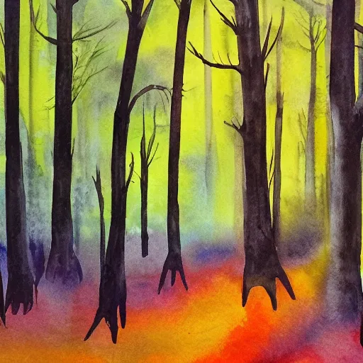 Image similar to dark forest, watercolor, oil painting