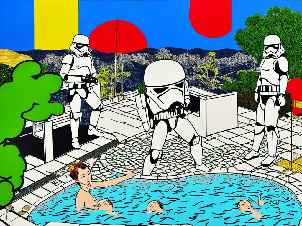 Image similar to hyperrealism composition of the japanese house with a hot springs in the garden, two detailed stormtroopers bathe in a hot spring, pop - art style, jacky tsai style, andy warhol style, roy lichtenstein style, round canvas, acrylic on canvas