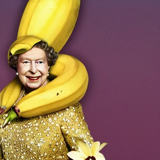 Prompt: queen elizabeth as a banana, she is a big ripe banana.