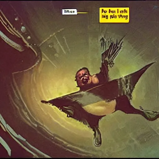 Image similar to A screenshot from Dune 1984 of Baron Harkonnen falling out of an ornithoper