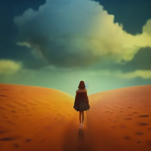 Image similar to closeup giant dahlia flower instead of head, a girl walking between dunes, surreal photography, sunrise, blue sky, dramatic light, impressionist painting, digital painting, artstation, simon stalenhag