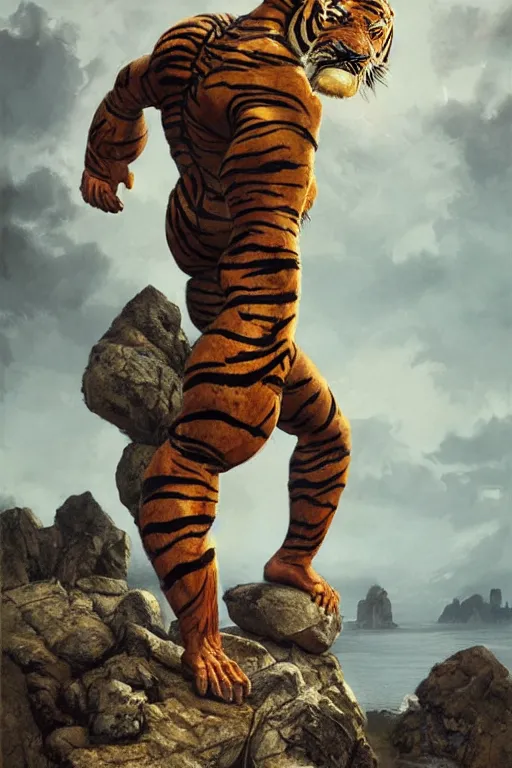 Image similar to a humanoid muscular man with a tiger mask stands on a rock by greg rutkowski, magic realism, hyper realistic, 2 0 0 mm lens