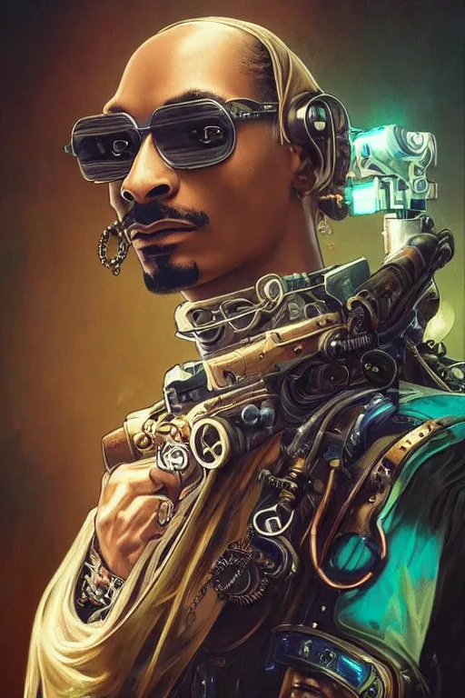 Prompt: 2 0 year old snoop dog as a steampunk cyborg gunslinger, portrait, cyber western, neon, duster, fantasy, intricate, elegant, highly detailed, digital painting, artstation, concept art, sharp focus, illustration, art by artgerm and greg rutkowski and alphonse mucha