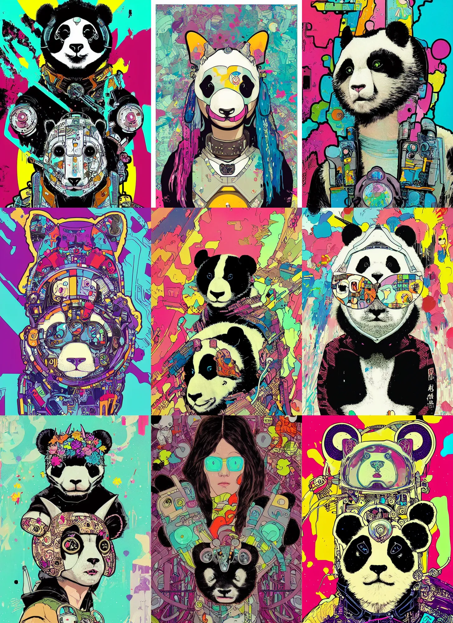 Prompt: cyberpunk cat unicorn panda bear cyborg portrait illustration, pop art, splash painting, art by geof darrow, ashley wood, alphonse mucha, makoto shinkai