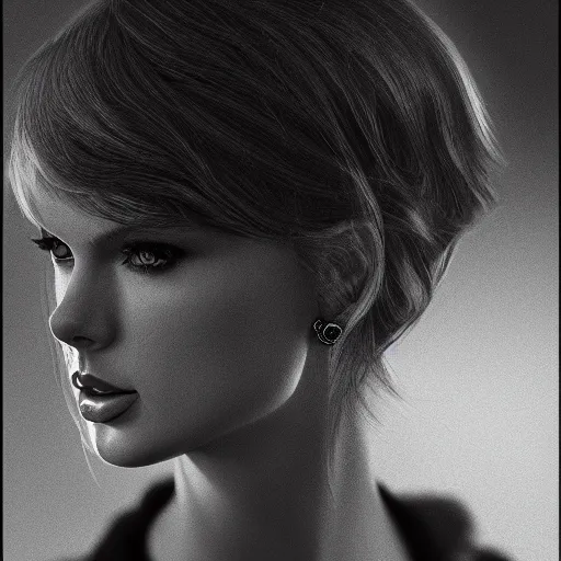 Prompt: a front - faced clear close - up studio portrait of taylor swift looking to the right, dramatic cinematic lighting, trending on artstation, fine details, 8 k, highly detailed, beautifully composed