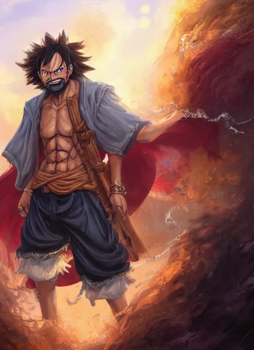 Image similar to luffy as _ fantasy _ style _ portrait _ painting _ of middle eastern male brown wavy hair beard, rpg dnd oil _ painting _ unreal _ 5 _ daz. _ rpg _ portrait _ extremely _ detailed _ artgerm _ greg _ rutkowski _ greg