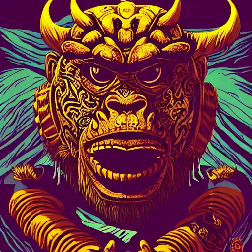 Image similar to barong family member with face and hands crossed, wiwek, mara demon, one single tribe member, jungle, one single mask, dark, ancient warrior, gorilla, lizard, tribal, inner glow, art by dan mumford and justin gerard