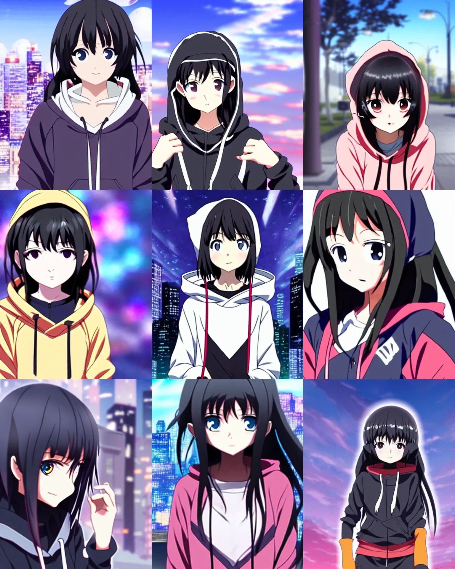 Prompt: black haired girl wearing hoodie, city, anime key visual, shaft