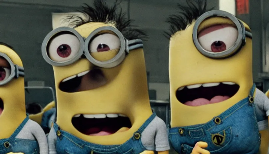 Image similar to fight club!!!!, fight club!!!! (((the minions))), movie still, directed by David fincher