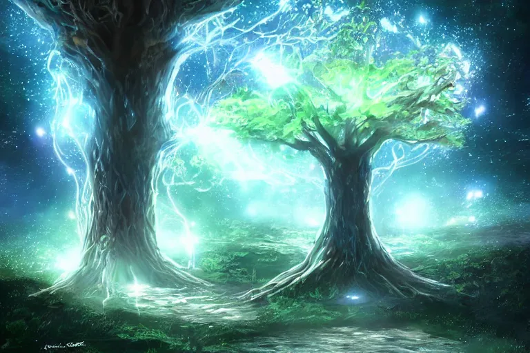 Image similar to magical mother tree of the universe, concept art trending on artstation, glowing effect ,