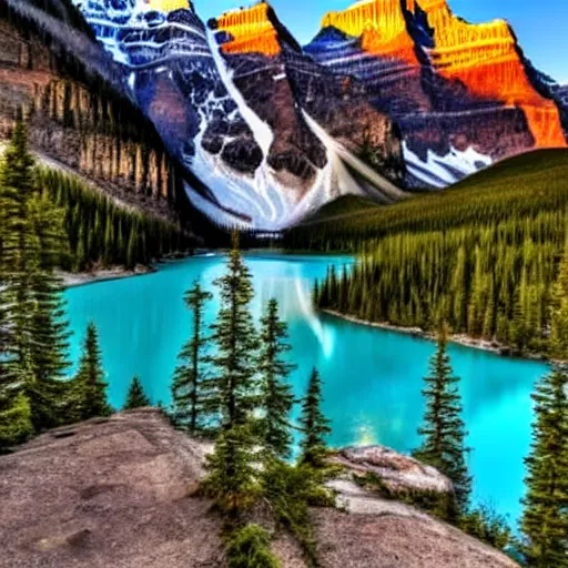 Prompt: realistic photo of Moraine lake in Albert, Canada, beautiful lighting, 4k