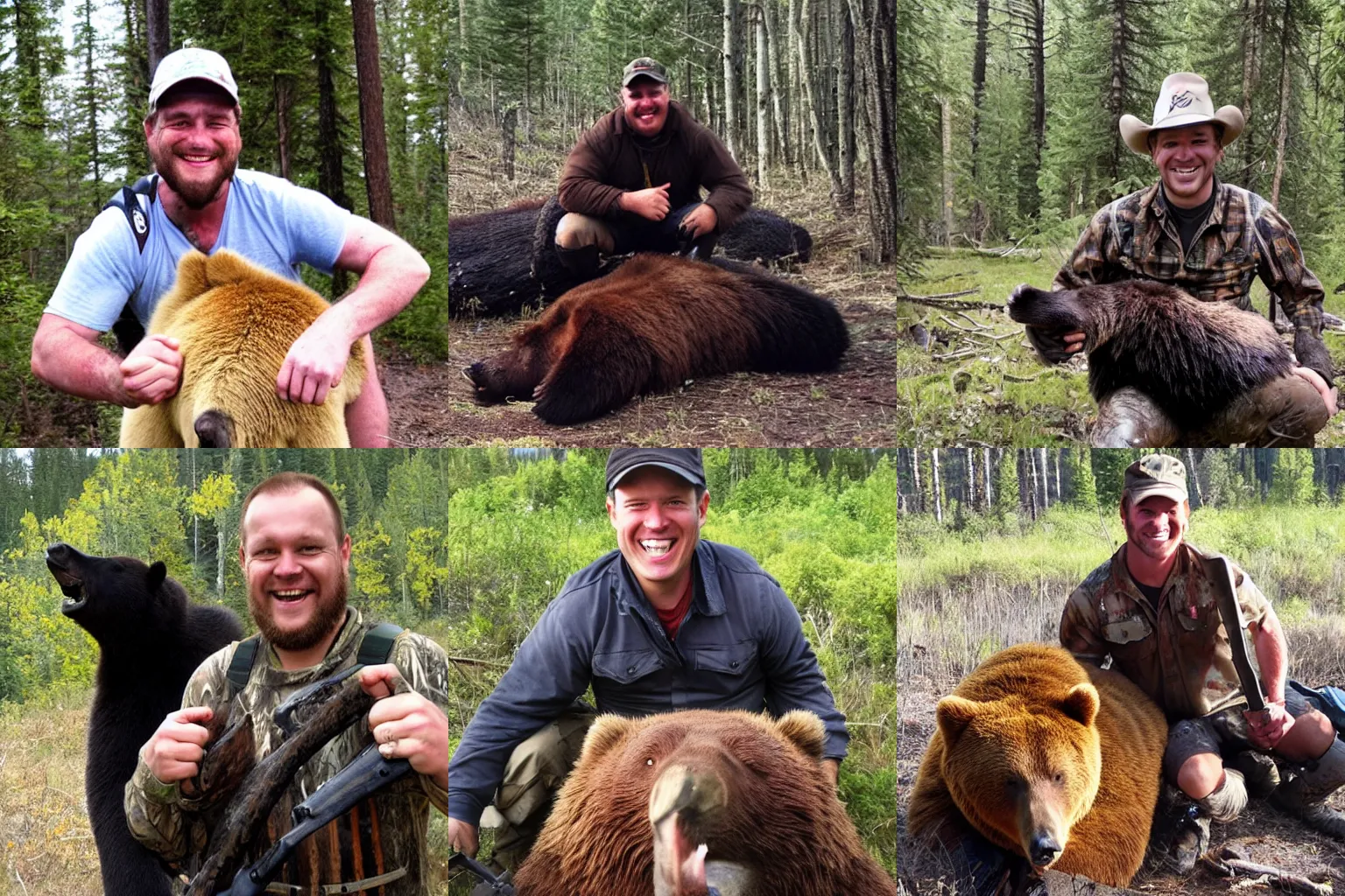 Prompt: Photo, A Hunter with a big smile because he killed a big bloody bear.
