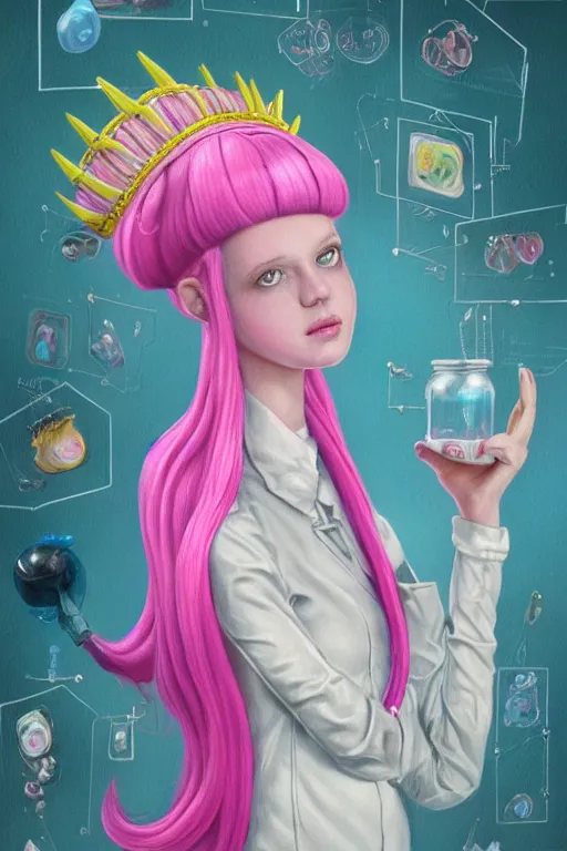 Prompt: highly detailed, industrial portrait of beautiful + cute + attractive adult princess bubblegum from adventure time, bubblegum hair with long straight bangs, sapphire gem headdress, experimenting in her science lab, wearing lab coat, depth of field, illustration, concept art by nicoletta ceccoli, mark ryden, lostfish, detailed and intricate environment, 8 k resolution, hyperrealistic, octane render
