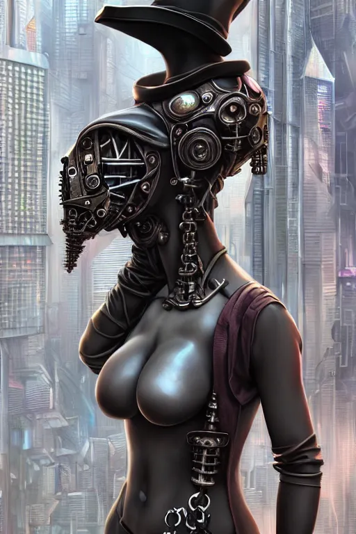 Prompt: wow! 3 / 4 stunning photorealistic portrait of a plague doctor in a kowloon cyberpunk cityscape, biomechanical bodysuit, oppai proportions, acid rain, dark fantasy by artgerm and sorayama and alphonse mucha, very realistic, hyperdetailed, trending on artstation, octane render