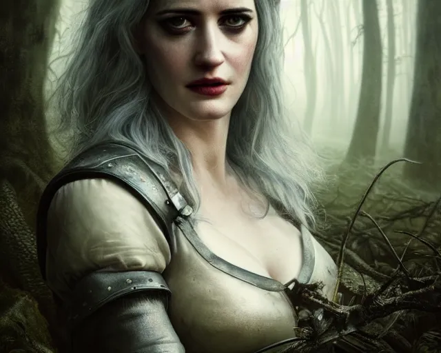 Image similar to 5 5 mm portrait photo of a real life tough looking eva green as ciri in leather armor with silver hair and a large scar along her left cheek, in a magical forest. dark atmosphere. art by greg rutkowski. highly detailed 8 k. intricate. lifelike. soft light. nikon d 8 5 0.