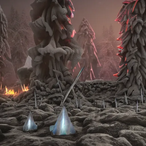 Image similar to ice spikes are summoned from the ground by magic, knights are impaled by ice spikes, octane render, unreal engine