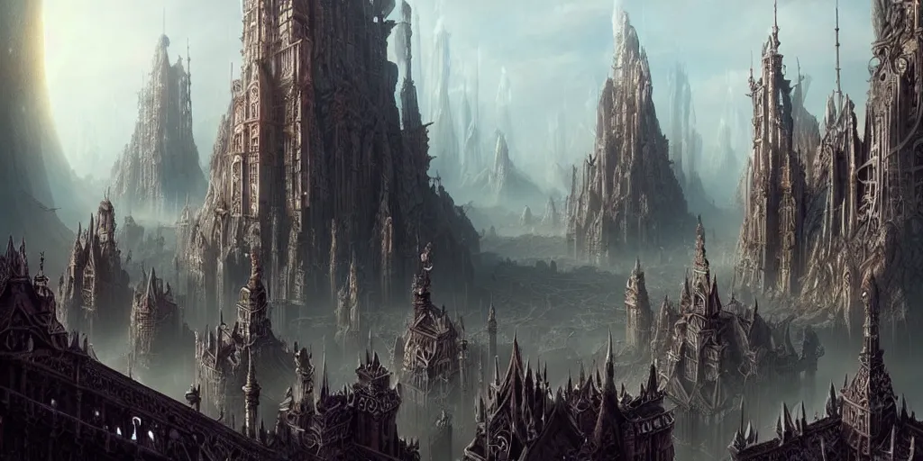 Image similar to a beautiful and insanely detailed matte painting of an advanced sprawling undead civilization with surreal architecture designed by akihiko yoshida!, whimsical!!, epic scale, intricate details, sense of awe, elite, fantasy realism, complex layered composition!!