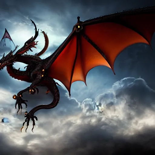 Prompt: legendary dragon made of clockwork, flying through the clouds, dramatic lighting, fantasy
