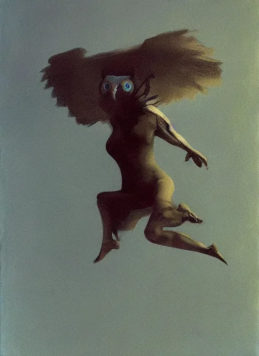 Image similar to owlwoman jumping from a cloud Edward Hopper and James Gilleard, Zdzislaw Beksinski highly detailed