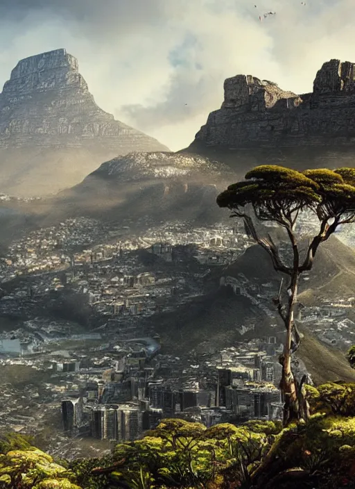 Image similar to chtulu attacking cape town city, table mountain, dense foliage beautiful details, strong composition by kim jung giu weta studio rutkowski, james gurney and greg rutkowski, and lucasfilm