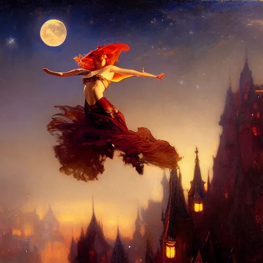 Image similar to attractive witch magically flying trough the night, fantasy, full moon in background. highly detailed painting by gaston bussiere, craig mullins, j. c. leyendecker 8 k