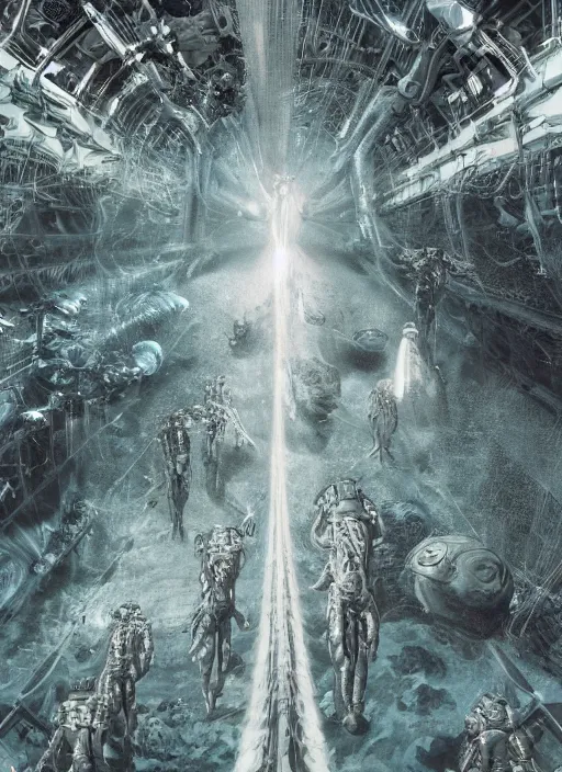 Image similar to astronauts divers in dark void underwater - complex and hyperdetailed technical suit design. reflection and dispersion materials. rays and dispersion of light. volumetric light. f / 3 2. noise film photo. flash photography. ultra realistic, 5 0 mm. poster by wayne barlowe, hajime sorayama aaron horkey, craig mullins