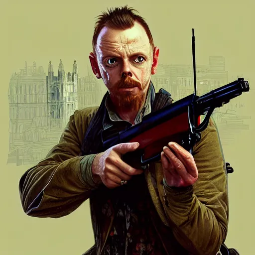 Image similar to portrait of simon pegg in the london of suburbs, winchester rifle, zombie apocalypse, joyful smirk, intricate, elegant, highly detailed, digital painting, artstation, concept art, matte, sharp focus, illustration, art by artgerm and greg rutkowski and alphonse mucha