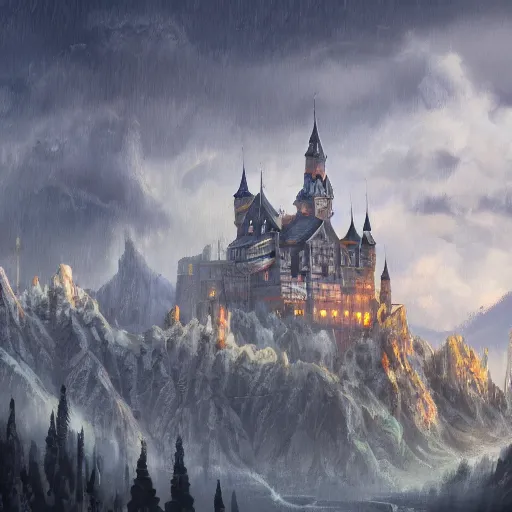 Prompt: a digital painting in the style of ilya lushnikov of a magnificent light grey high fantasy castle on top of a mountain. below is a bustling town filled with people, artstation, rainy weather, brushtrokes