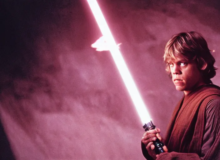 Image similar to detailed protrait photo of Luke skywalker using his lightsaber to light up a dark pinks hazy ethereal cave and discover the ancient jedi texts. kubrick. screenshot from the 1985 film, Photographed with Leica Summilux-M 24 mm lens, ISO 100, f/8, Portra 400