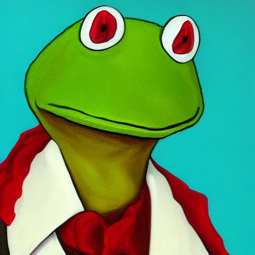 Image similar to A portrait painting of Kermit the Frog in the style of Tim Burton