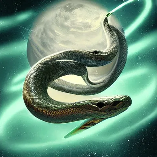 Image similar to ethereal snake on planet earth, view from space, digital art poster, professional graphic designer, skulls for stars