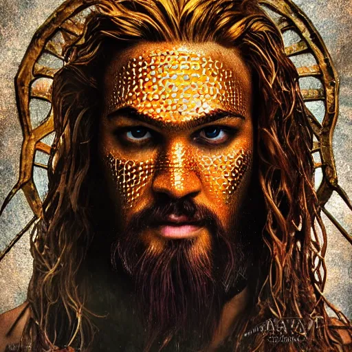 Image similar to intricate five star portrait of aquaman dressed up at the burning man festival, oil on canvas, hdr, high detail, photo realistic, hyperrealism, matte finish, high contrast, 3 d depth, centered, masterpiece, tasteful colors, enhanced light effect, enhanced eye detail, artstationhd