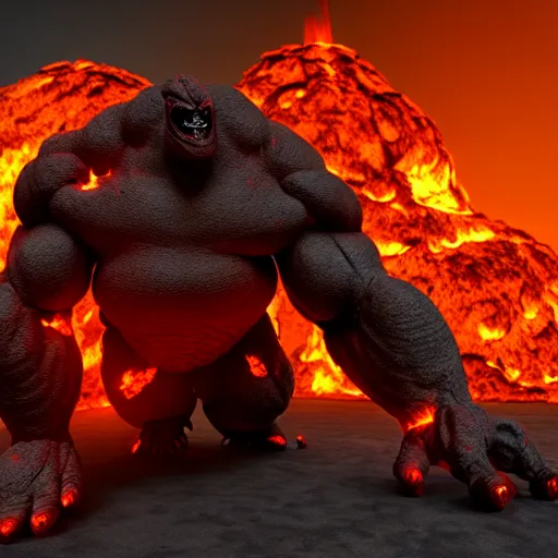 Image similar to a large, muscular, standing, humanoid, lava rock, magma, fire golem creature, burning eyes, exaggerated perspective, unreal engine, 3 5 mm