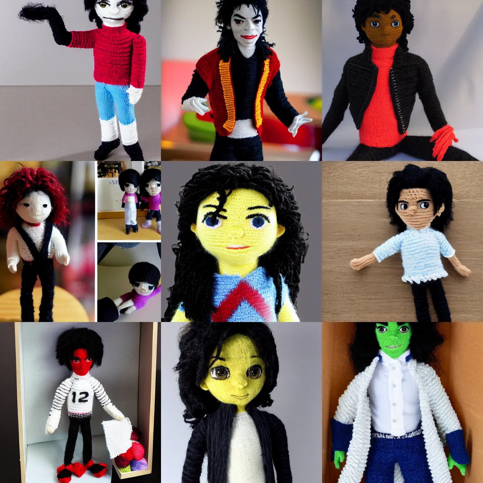 Prompt: a michael jackson doll made out of yarn, product display photograph