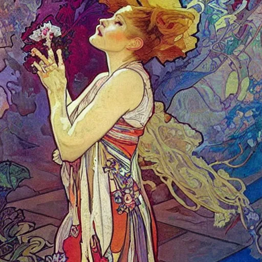 Image similar to a new fresh and epic Alfons Mucha painting