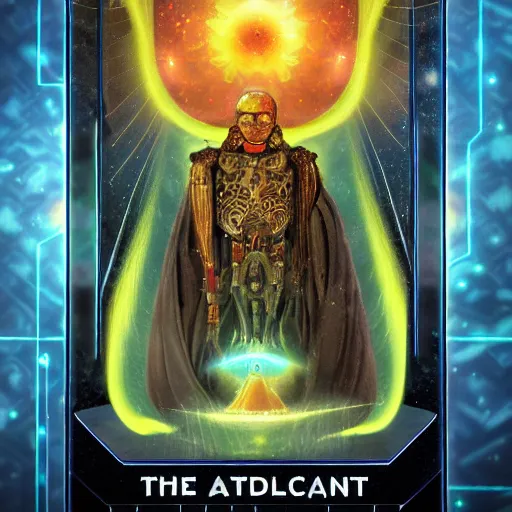 Image similar to the artificial general intelligence tarot card, artstation, technology, fractals