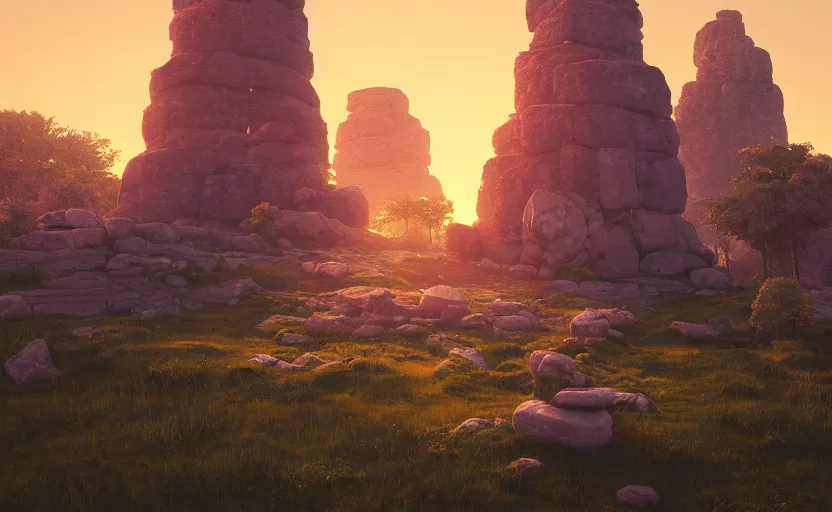 Image similar to A landscape with a giant stone tower with pillars on top at sunset, Low level, rendered by Beeple, Makoto Shinkai, syd meade, simon stålenhag, environment concept, synthwave style, digital art, unreal engine, WLOP, trending on artstation, 4K UHD image, octane render,