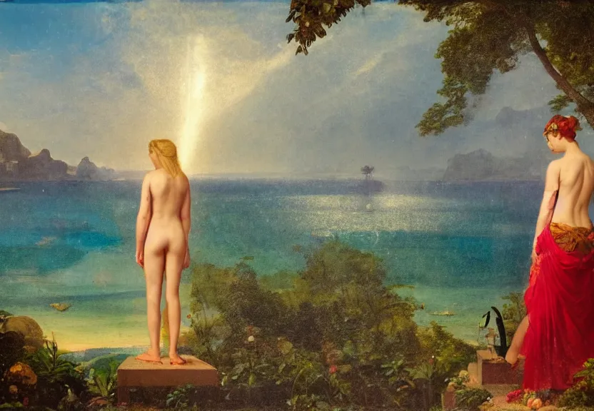 Image similar to Girl at the palace, refracted sparkles, thunderstorm, greek pool, beach and Tropical vegetation on the background major arcana sky, by paul delaroche, hyperrealistic 4k uhd, award-winning, very very very detailed