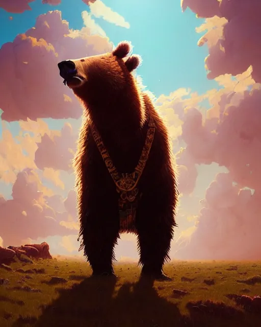 Image similar to highly detailed surreal vfx portrait of a cattlepunk bear, stephen bliss, unreal engine, greg rutkowski, loish, rhads, beeple, makoto shinkai and lois van baarle, ilya kuvshinov, rossdraws, tom bagshaw, alphonse mucha, global illumination, detailed and intricate environment