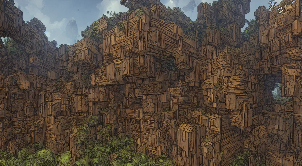 Image similar to wood wall fortress greeble block amazon jungle global illumination ray tracing that looks like it is from borderlands and by feng zhu and loish and laurie greasley, victo ngai, andreas rocha, john harris