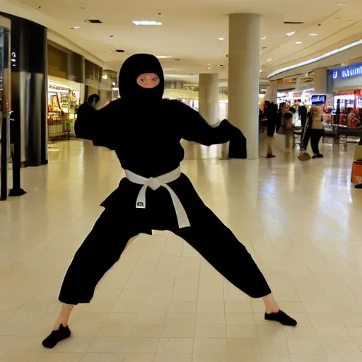 Image similar to a ninja bandit, practicing karate, in a mall