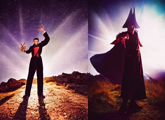 Prompt: a very very good looking detailed fantasy sorcerer wearing amazing clothes ejects a blast of magic energy from their hands!! dramatically on an empty moonlit hill, dramatic lighting, lens flare, 3 5 mm full frame professional photography, kodak ektar