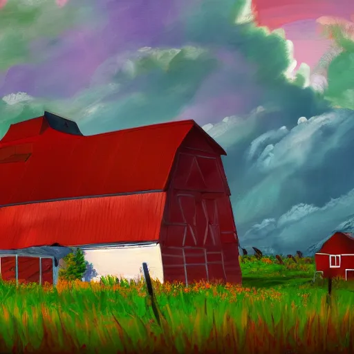 Prompt: Painting of a farm with a hurricane in the background, realistic, digital art, trending on artstation