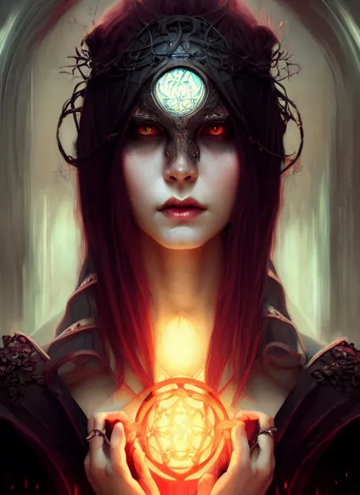 Image similar to Necromancer Sorceress, fantasy magic, undercut hairstyle, dark light night, intricate, elegant, sharp focus, illustration, highly detailed, digital painting, concept art, matte, art by WLOP and Artgerm and Greg Rutkowski and Alphonse Mucha, masterpiece