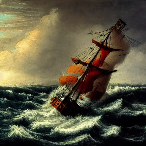 Image similar to a medieval vessel sailing the sea in a rough storm, sailors frantically pulling at ropes and tying the sails, large waves crashing and lightning striking in the distance, dark great clouds swirling above, detailed and oil painting