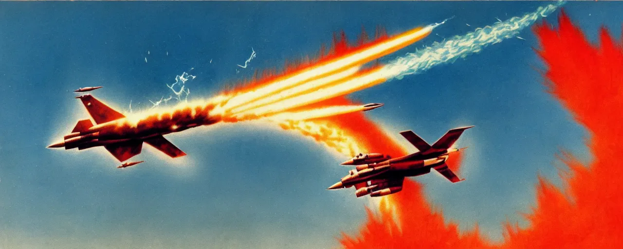 Prompt: burning fighter jet with cotton - like explosion on background, soviet poster style