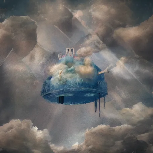 Image similar to Cloud Jumper, a steampunk world with a cute flying ship in fluffy pink clouds and soft light and floating islands in the distance, octane render, watercolor