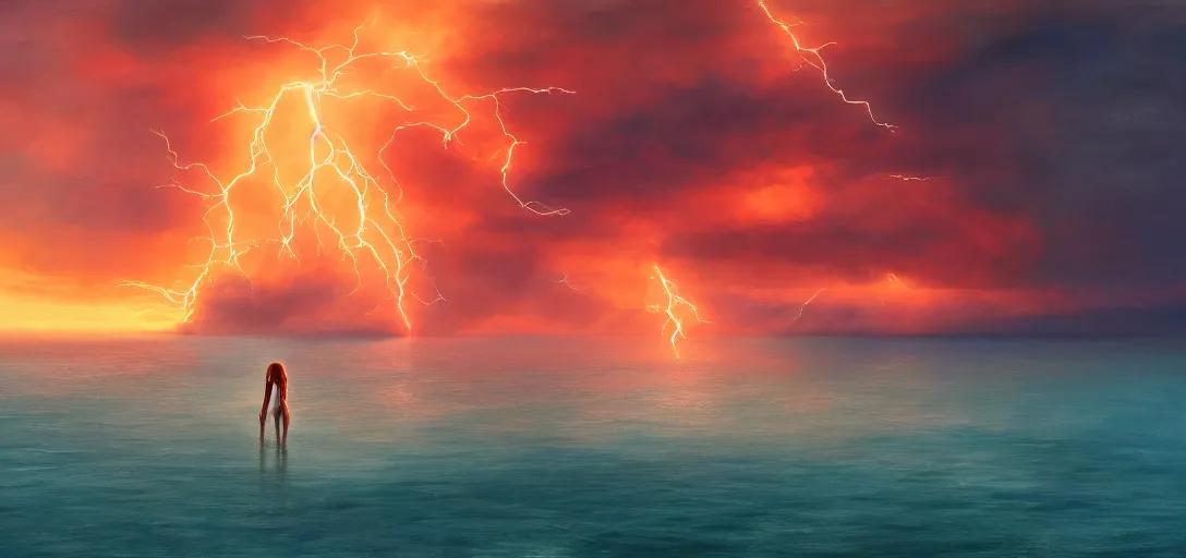 Image similar to aerial painting of a giant beautiful female, standing in the middle of the ocean, the sky is on fire. neill blomkamp cinematography, atmospheric lightning, godray, concept art, in the style of bob byerley, 8 k high details