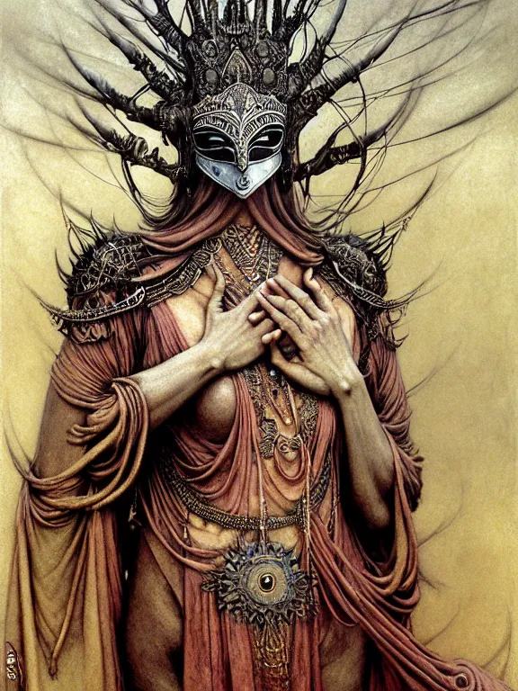 Image similar to soaring woman wearing a big mask with many thick blades behind head. dressed in a long robe with wide sleeves and making namaste / anjali mudra gesture. fullbody highly detailed portrait, blurred background, concept art, masterpiece, fantasy art, hyperdetailed, hyperrealism, art by zdzisław beksinski, arthur rackham, dariusz zawadzki